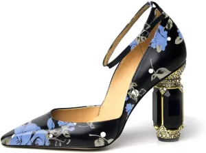 FSJ Women's Comfortable Block High Heels Pointed Toe Rhinestone Pumps Ankle Strap Leather Ladies Party Dress Shoes Size 4-15 Us