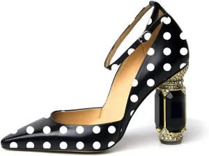 FSJ Women's Comfortable Block High Heels Pointed Toe Rhinestone Pumps Ankle Strap Leather Ladies Party Dress Shoes Size 4-15 Us