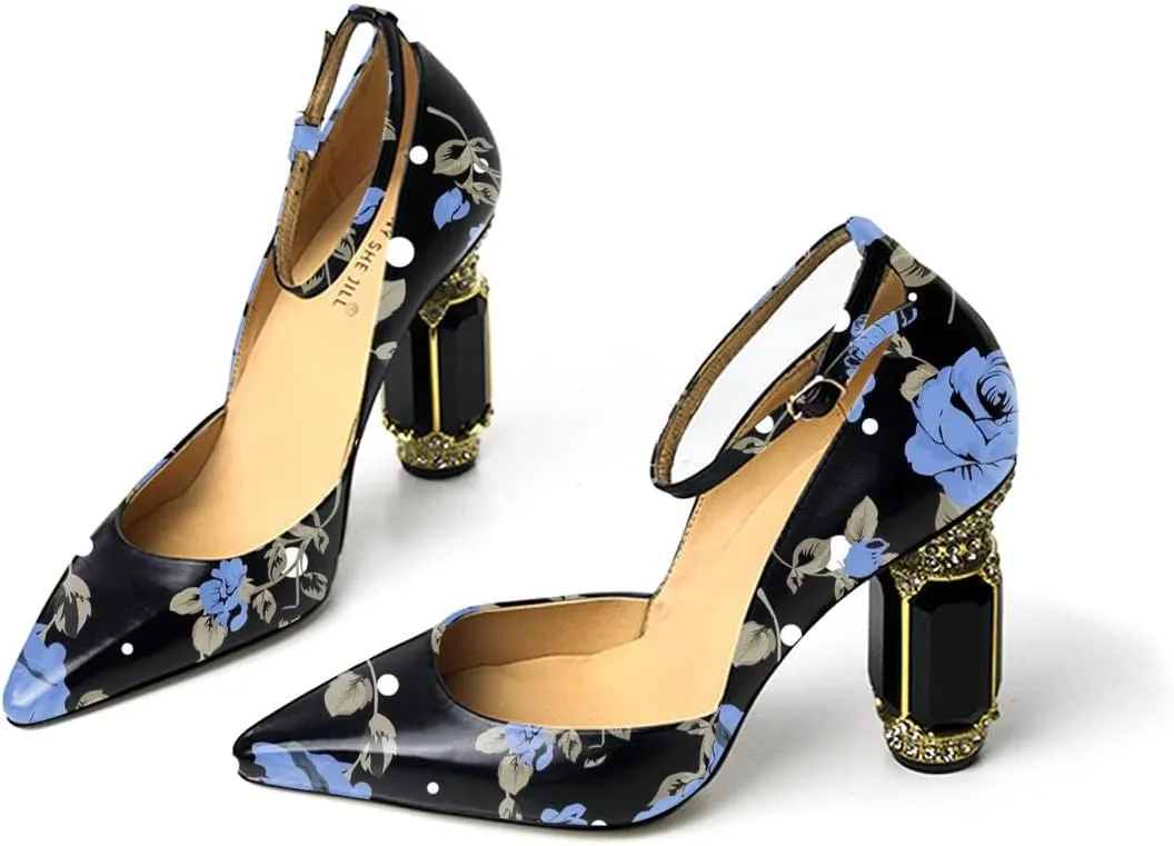FSJ Women's Comfortable Block High Heels Pointed Toe Rhinestone Pumps Ankle Strap Leather Ladies Party Dress Shoes Size 4-15 Us