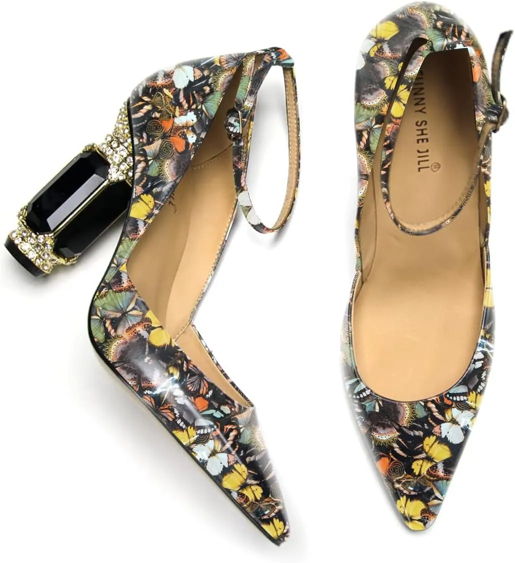 FSJ Women's Comfortable Block High Heels Pointed Toe Rhinestone Pumps Ankle Strap Leather Ladies Party Dress Shoes Size 4-15 Us