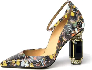 FSJ Women's Comfortable Block High Heels Pointed Toe Rhinestone Pumps Ankle Strap Leather Ladies Party Dress Shoes Size 4-15 Us