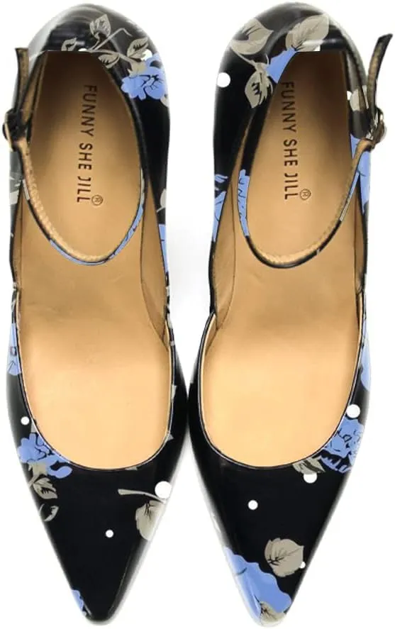 FSJ Women's Comfortable Block High Heels Pointed Toe Rhinestone Pumps Ankle Strap Leather Ladies Party Dress Shoes Size 4-15 Us