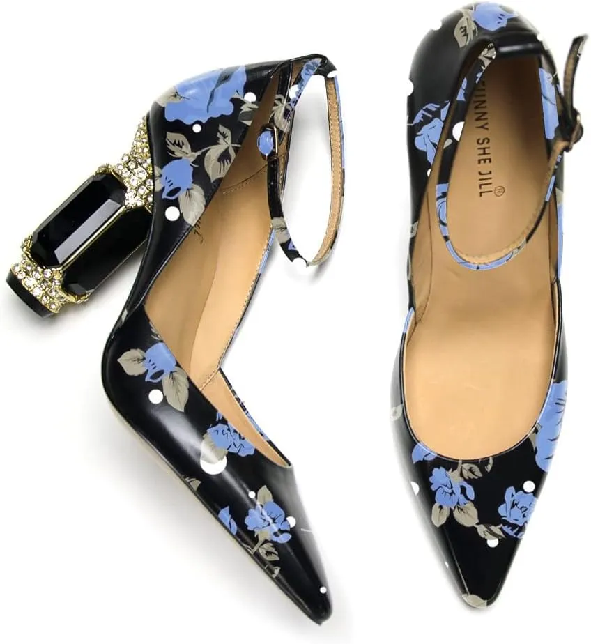 FSJ Women's Comfortable Block High Heels Pointed Toe Rhinestone Pumps Ankle Strap Leather Ladies Party Dress Shoes Size 4-15 Us