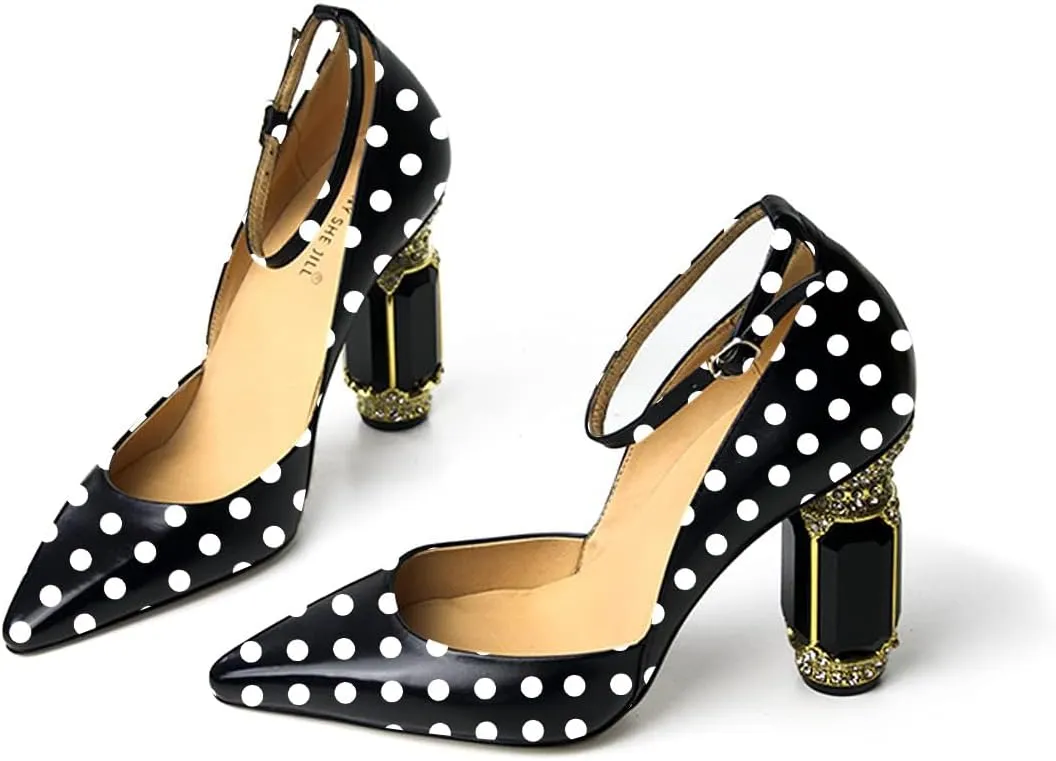FSJ Women's Comfortable Block High Heels Pointed Toe Rhinestone Pumps Ankle Strap Leather Ladies Party Dress Shoes Size 4-15 Us
