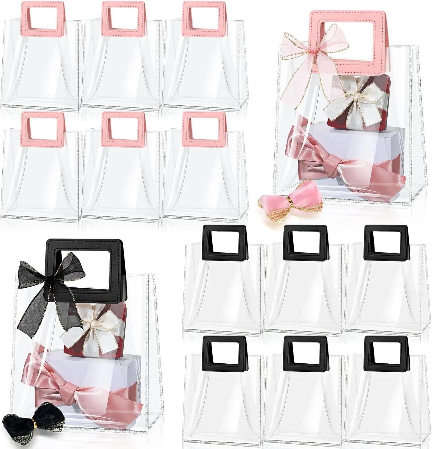 Fulmoon 12 Pcs Clear Gift Bag with Handle and Sheer Ribbon Reusable Transparent PVC Gift Bag for Bridal Party, Baby Shower, Wedding, Birthday, 7 x 4 x 8 Inch(Pink, Black)