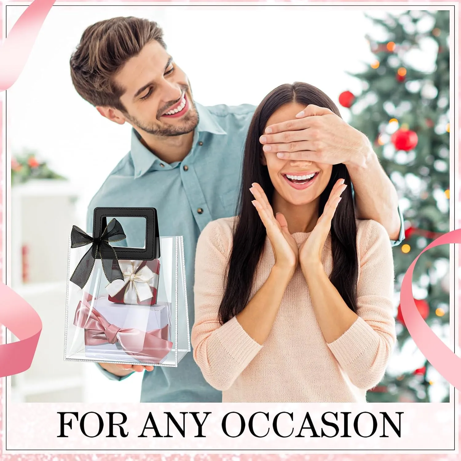 Fulmoon 12 Pcs Clear Gift Bag with Handle and Sheer Ribbon Reusable Transparent PVC Gift Bag for Bridal Party, Baby Shower, Wedding, Birthday, 7 x 4 x 8 Inch(Pink, Black)