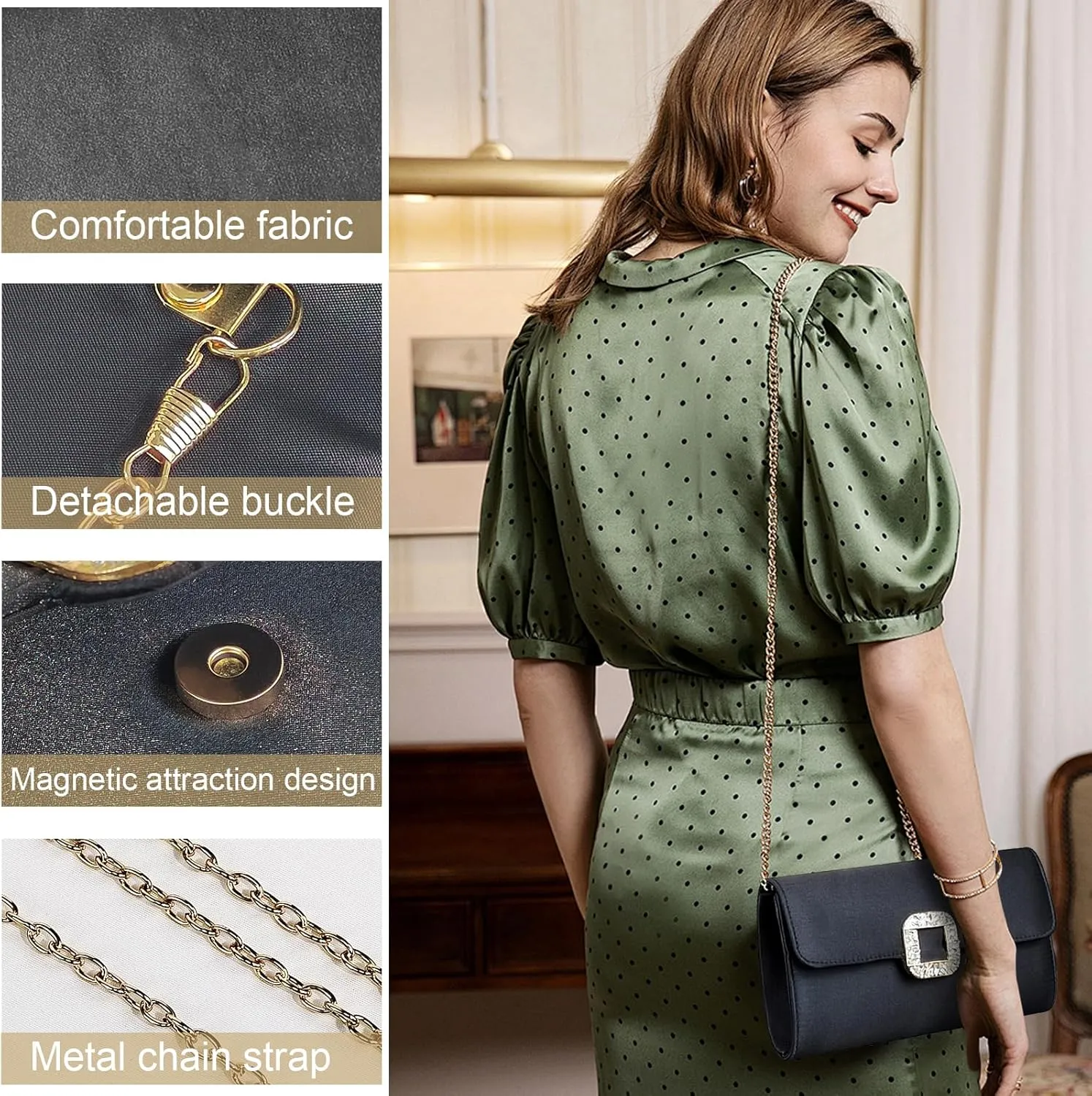 FuninCrea Clutch Purses for Women Elegant Evening Bag with 100cm Removable Chain, Flapover Shoulder Bag Women's Handbags