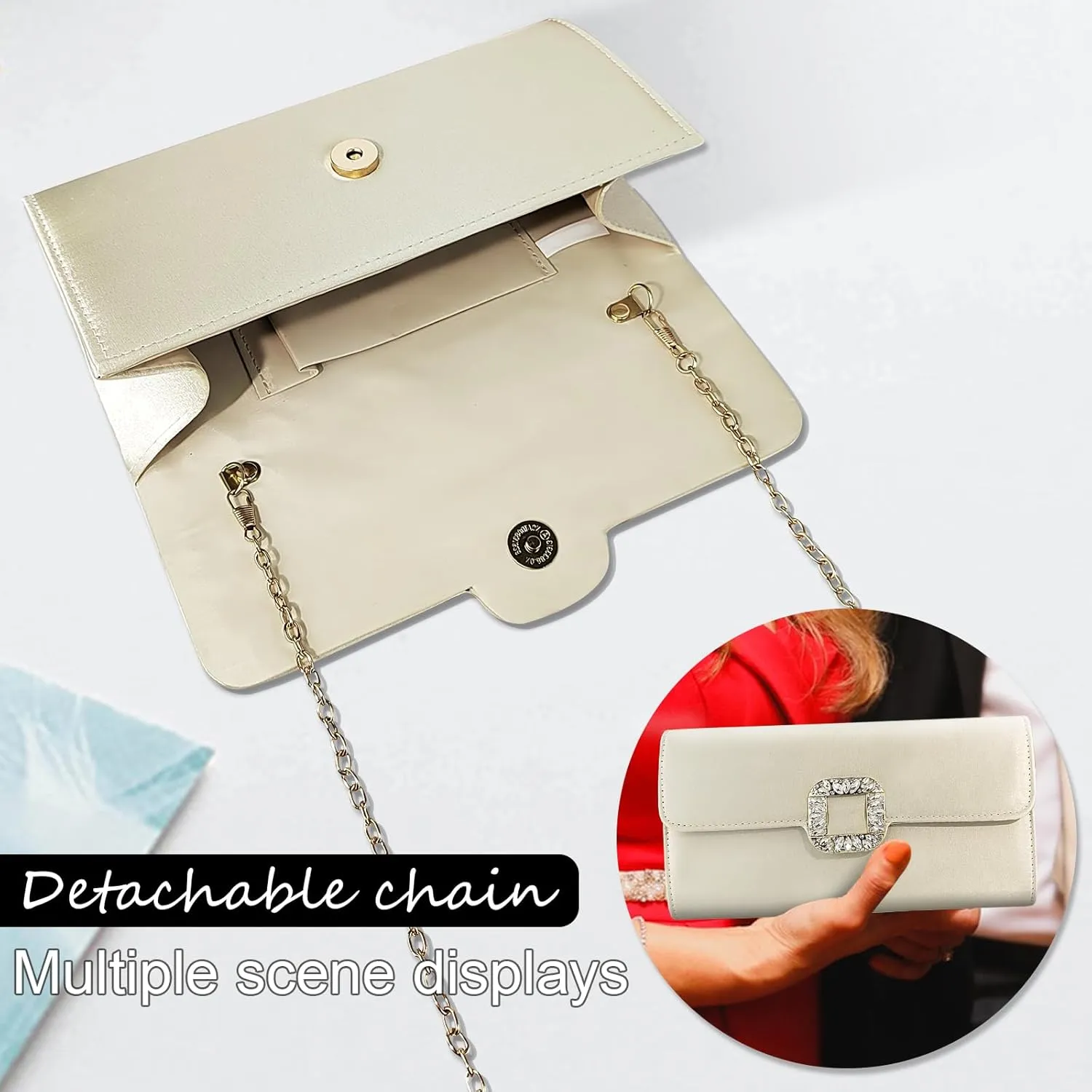 FuninCrea Clutch Purses for Women Elegant Evening Bag with 100cm Removable Chain, Flapover Shoulder Bag Women's Handbags