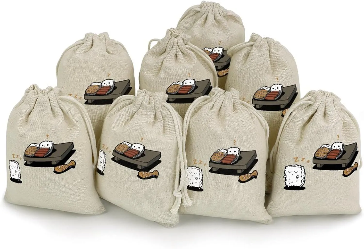 Funny Sleepwalking Sushi Muslin Bags Cotton Drawstring Bags 8 Pack Small Gift Bags Reusable Empty Gift Pouch