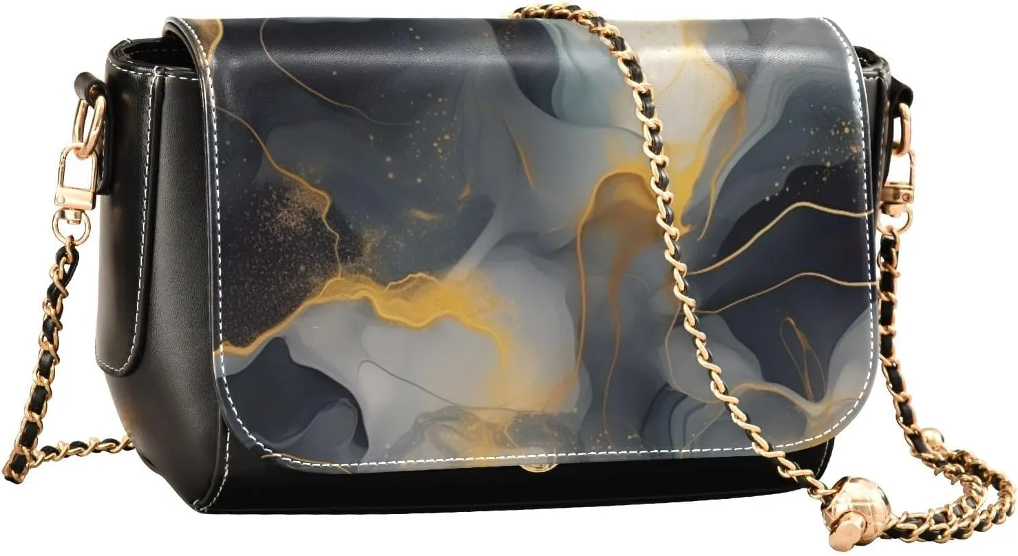 GAIGEO Abstract Gold and Silver Swirls Womens Crossbody Bag Leather, Leather Crossbody Purses for Women