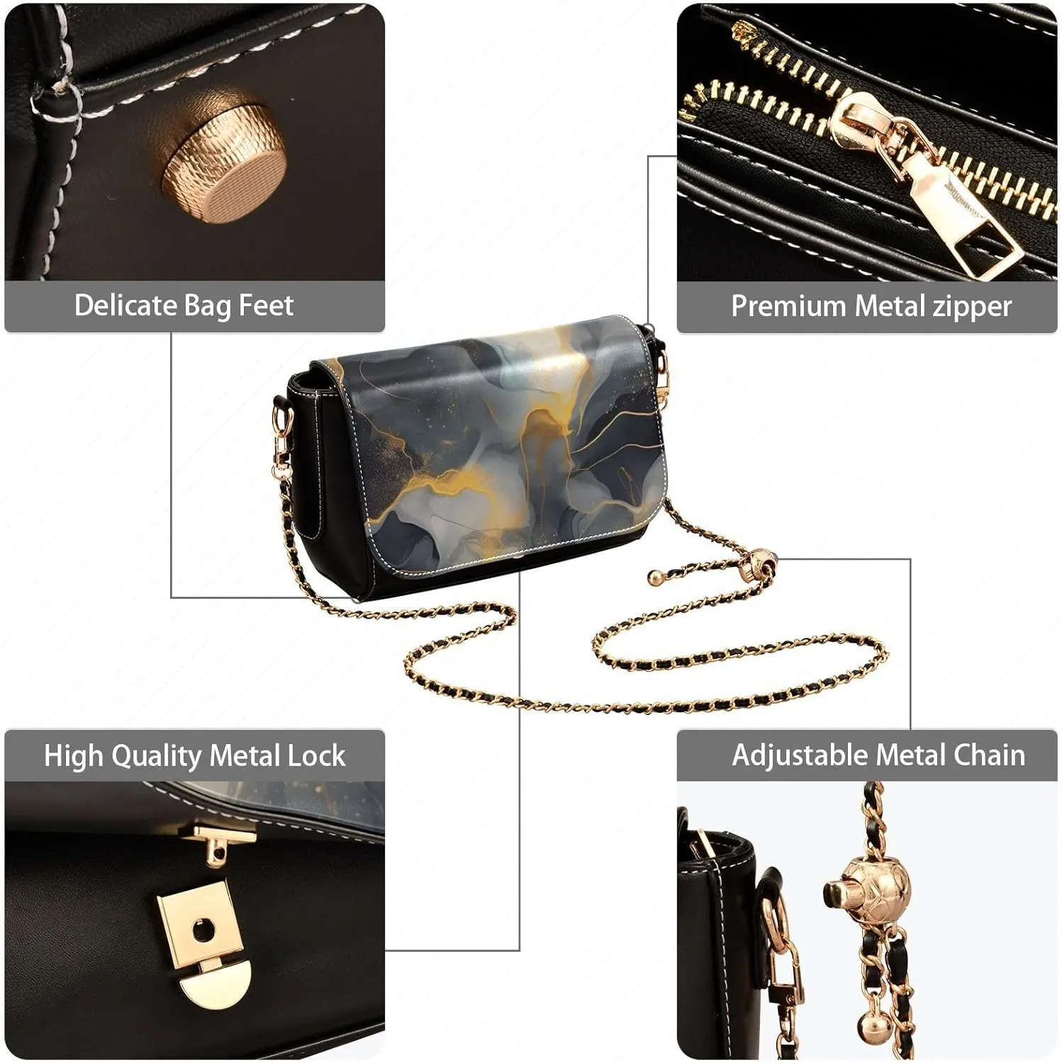 GAIGEO Abstract Gold and Silver Swirls Womens Crossbody Bag Leather, Leather Crossbody Purses for Women