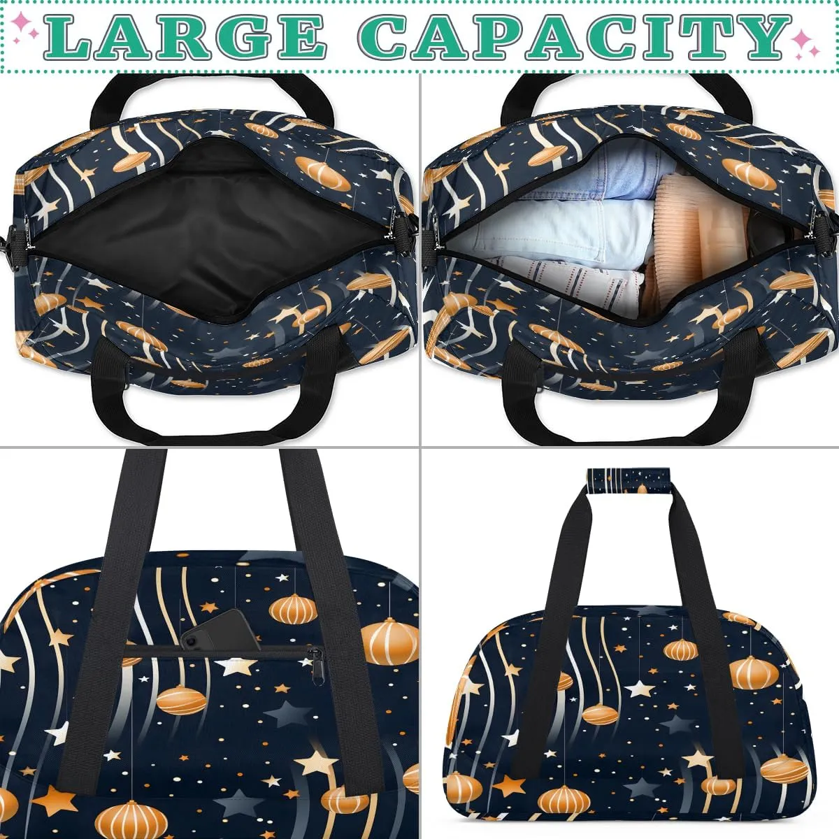 Galaxy Sun Moon Geometric Kids Overnighter Duffel Bags for Boys, Carry-On Size Sports Gym Bag with Front Zipper Pocket for School Practice or Overnight Travel Weekender Sleepover Tote Bag