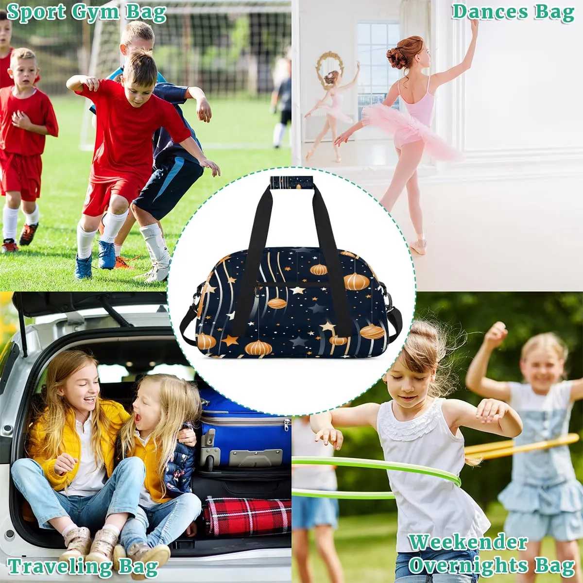 Galaxy Sun Moon Geometric Kids Overnighter Duffel Bags for Boys, Carry-On Size Sports Gym Bag with Front Zipper Pocket for School Practice or Overnight Travel Weekender Sleepover Tote Bag