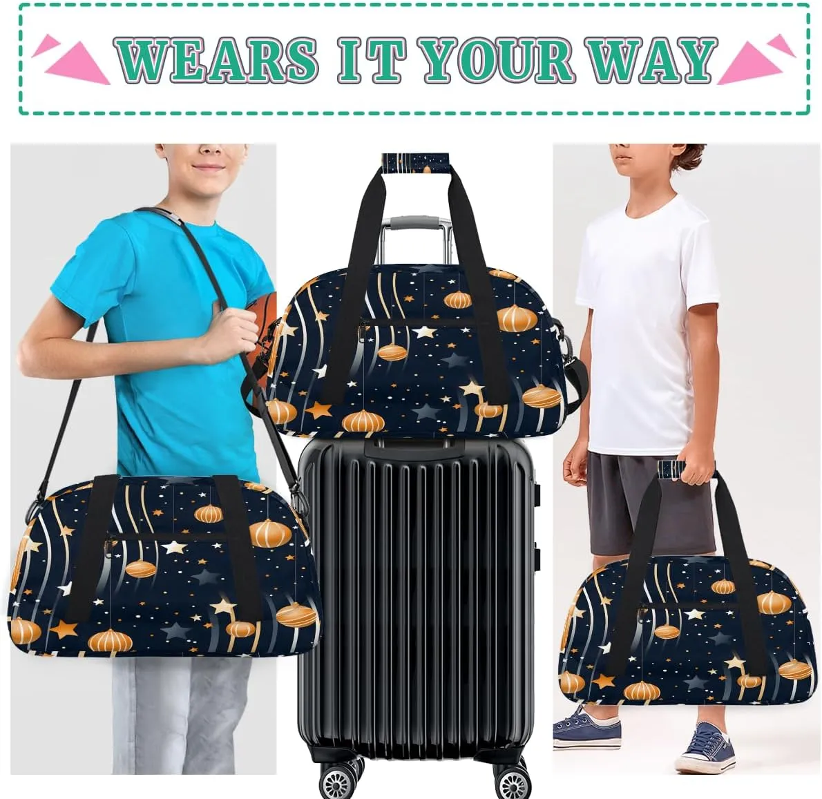 Galaxy Sun Moon Geometric Kids Overnighter Duffel Bags for Boys, Carry-On Size Sports Gym Bag with Front Zipper Pocket for School Practice or Overnight Travel Weekender Sleepover Tote Bag