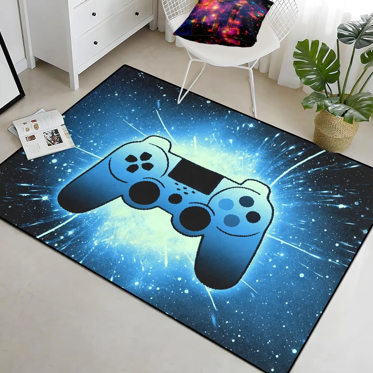 Gaming Rug for Gamer Game Room Boys Gamer Theme Carpets, Blue Galaxy Game Loading Gamepad Printed Floor Rugs for Bedroom Living Room Mat Sofa Mats,4'5''×6'