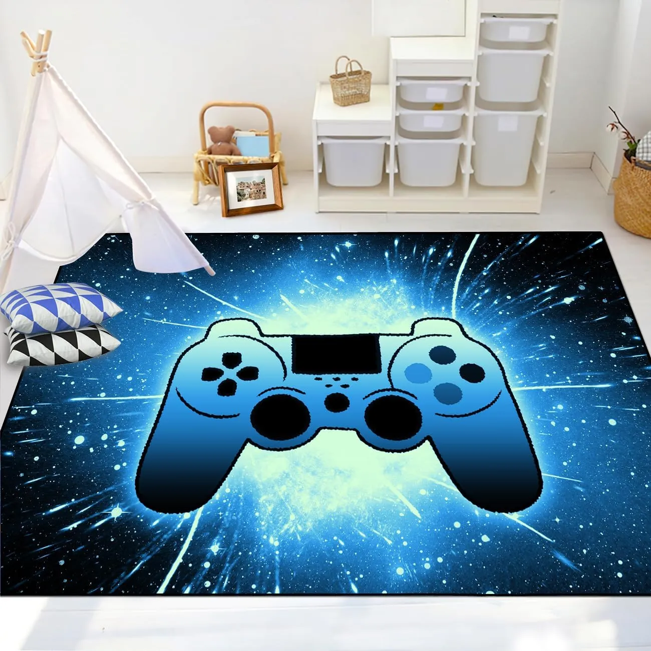 Gaming Rug for Gamer Game Room Boys Gamer Theme Carpets, Blue Galaxy Game Loading Gamepad Printed Floor Rugs for Bedroom Living Room Mat Sofa Mats,4'5''×6'