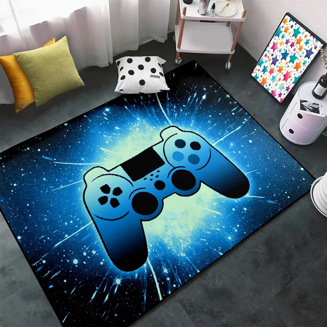 Gaming Rug for Gamer Game Room Boys Gamer Theme Carpets, Blue Galaxy Game Loading Gamepad Printed Floor Rugs for Bedroom Living Room Mat Sofa Mats,4'5''×6'