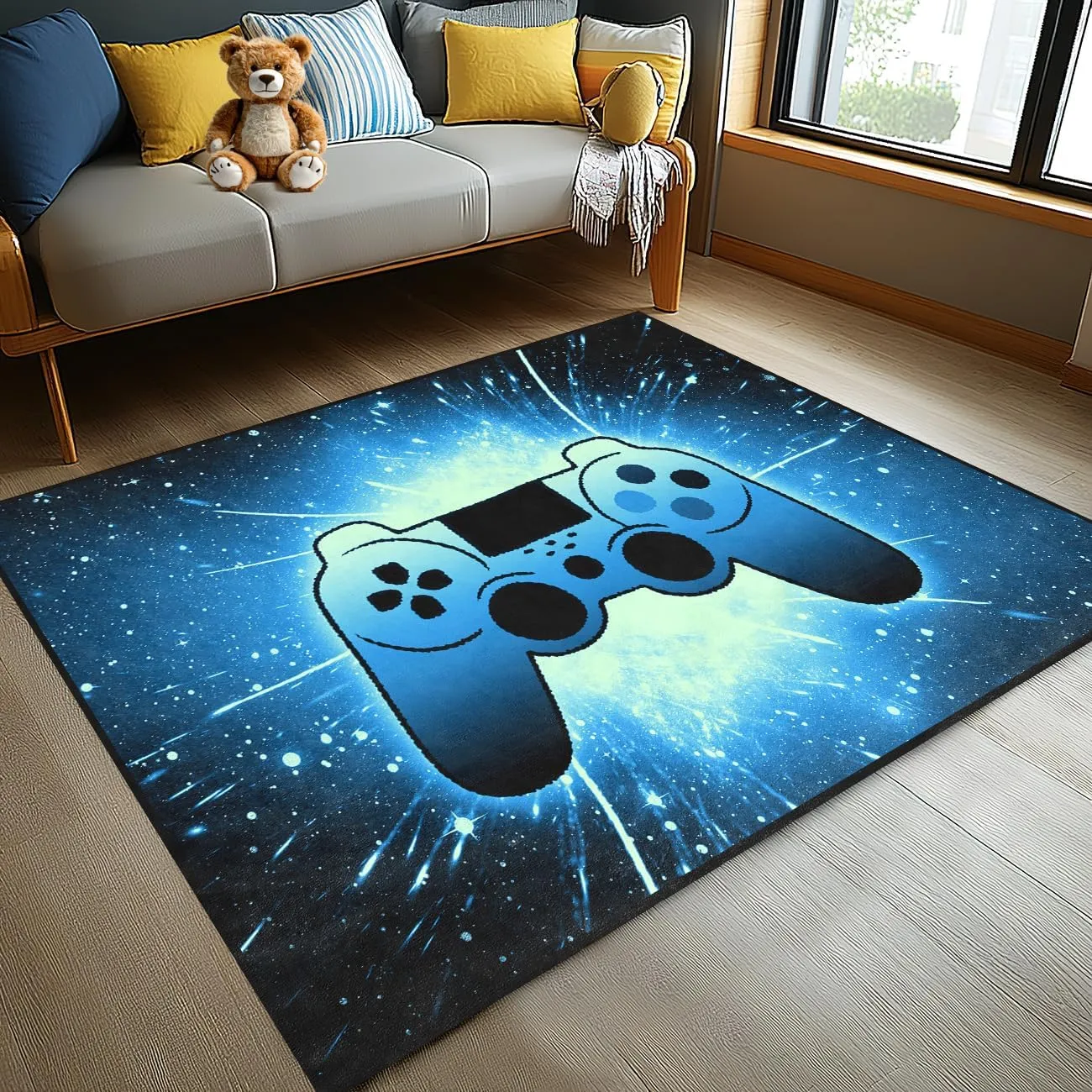 Gaming Rug for Gamer Game Room Boys Gamer Theme Carpets, Blue Galaxy Game Loading Gamepad Printed Floor Rugs for Bedroom Living Room Mat Sofa Mats,4'5''×6'