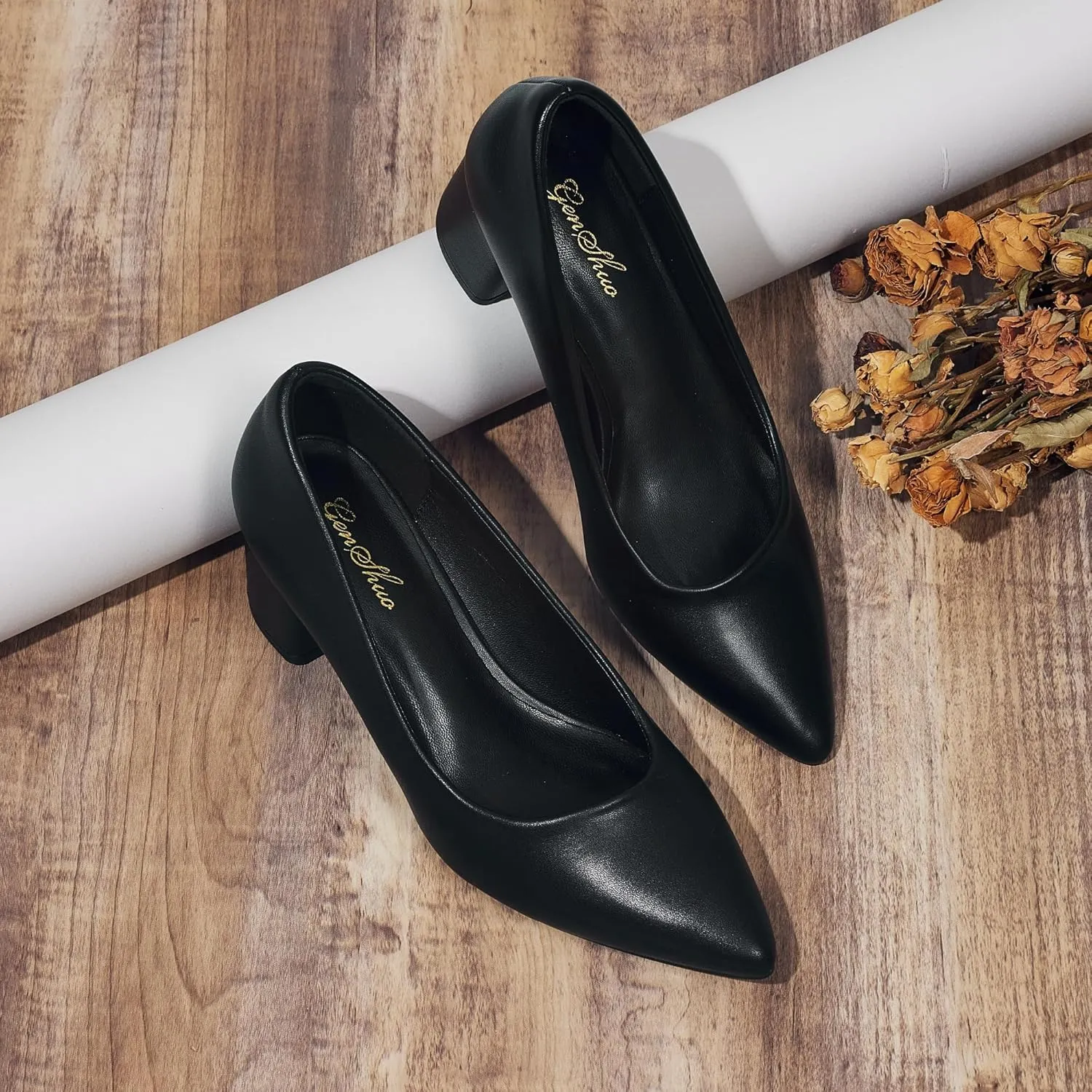 GENSHUO Women's Closed Toe Heels Low Chunky Block Dress Pumps Shoes Comfortable Slip On Pointed Toe Heel Work Wedding Office Evening Walking Party