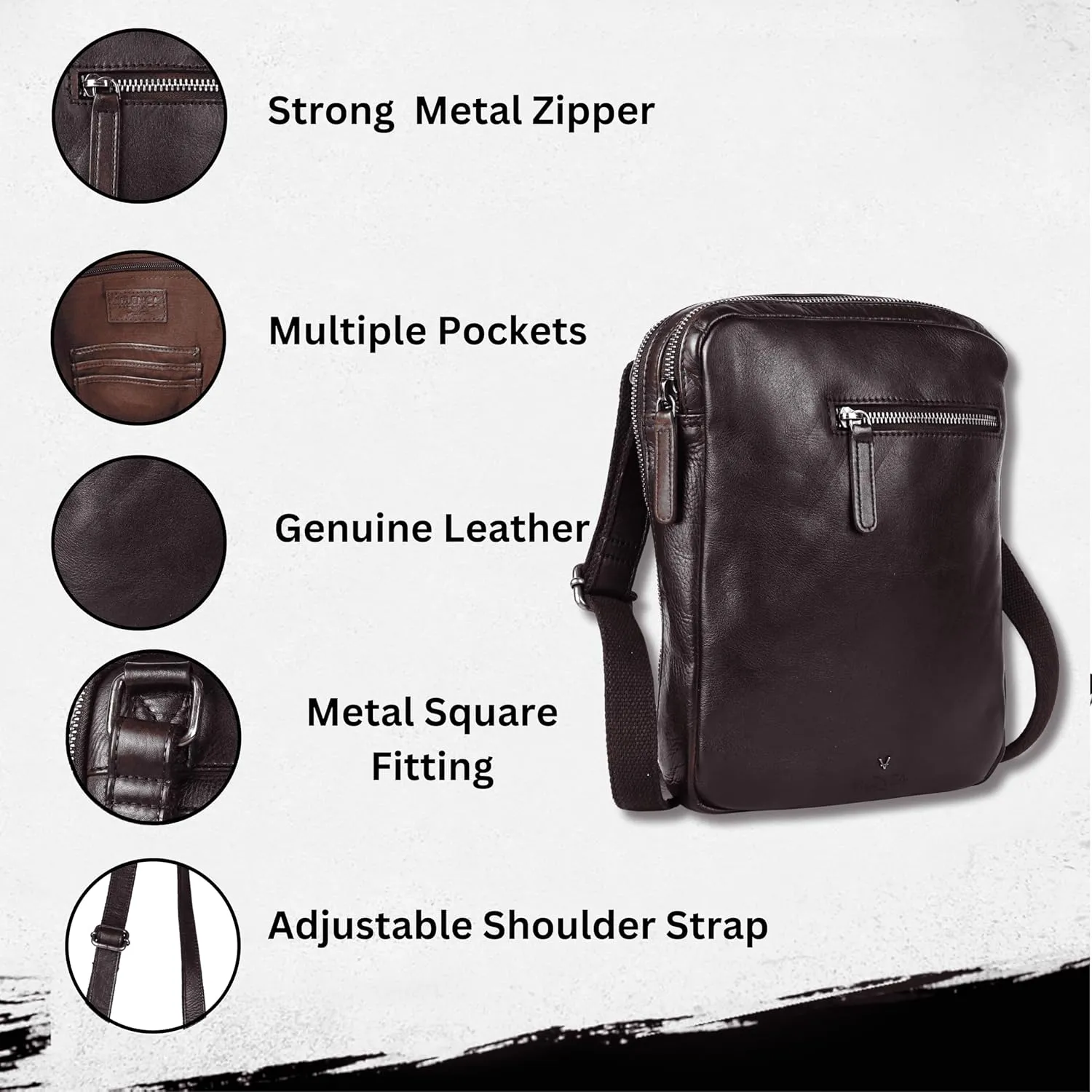 Genuine Italian Leather Shoulder Crossbody Sling Bag for Men - Adjustable Strap for Office, Travel, Casual & Hiking