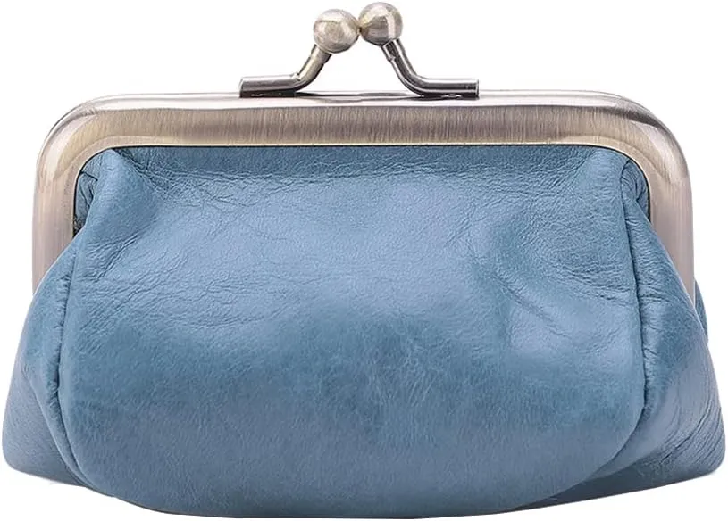 Genuine Leather Mini Vintage Coin Purse Kiss Lock change purse Cute Coin Purse Coin Organizer (Blue)
