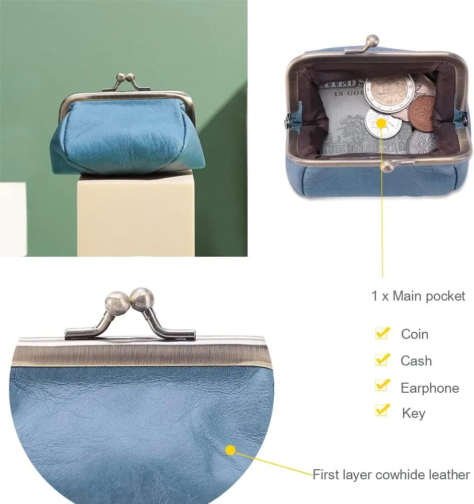 Genuine Leather Mini Vintage Coin Purse Kiss Lock change purse Cute Coin Purse Coin Organizer (Blue)