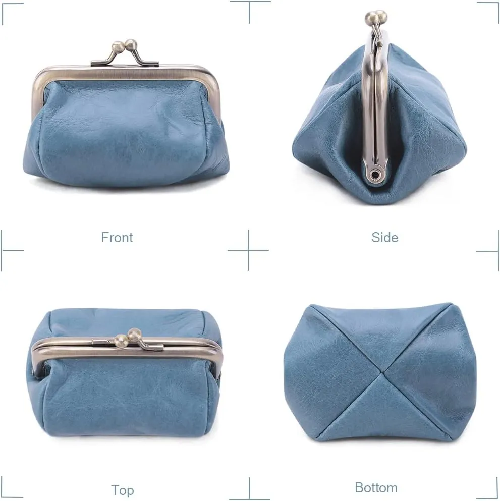 Genuine Leather Mini Vintage Coin Purse Kiss Lock change purse Cute Coin Purse Coin Organizer (Blue)