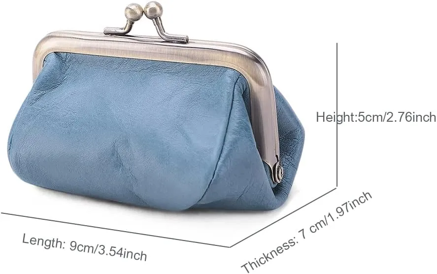 Genuine Leather Mini Vintage Coin Purse Kiss Lock change purse Cute Coin Purse Coin Organizer (Blue)