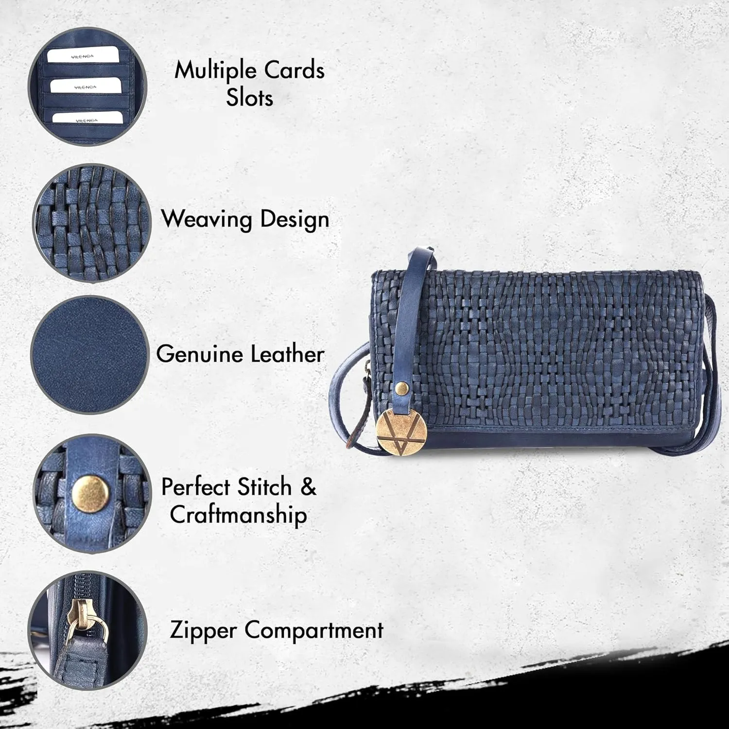 Genuine Leather Wallets for Women, Small Wallet for Ladies Zipper Coin Purse Credit Card Holder with Strap (VL-409-Navy)