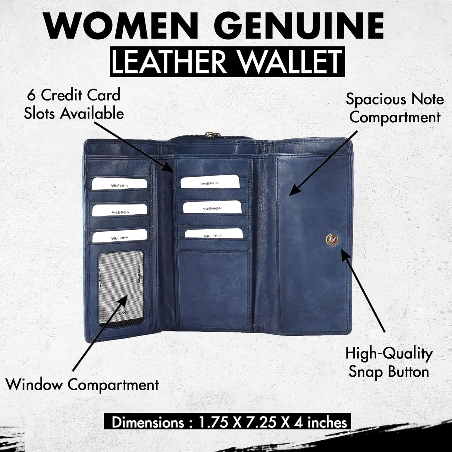 Genuine Leather Wallets for Women, Small Wallet for Ladies Zipper Coin Purse Credit Card Holder with Strap (VL-409-Navy)