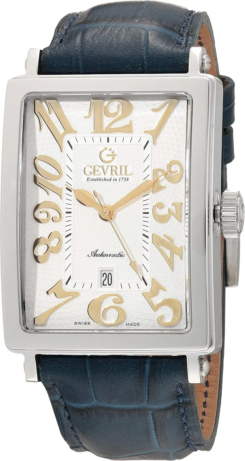 Gevril Men's Ave of Americas Swiss Automatic Watch, Genuine Handmade Italian Leather Strap, Silver (15005-1)