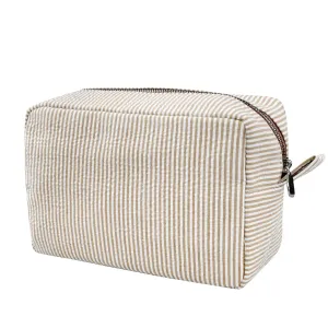 GFU Cosmetic Bags for Women, Seersucker Cosmetic Bag, Travel Toiletry Stripe Makeup Bag, Large Women Aesthetic Organizer Storage Pouch, Girls Handbags Purses, brown