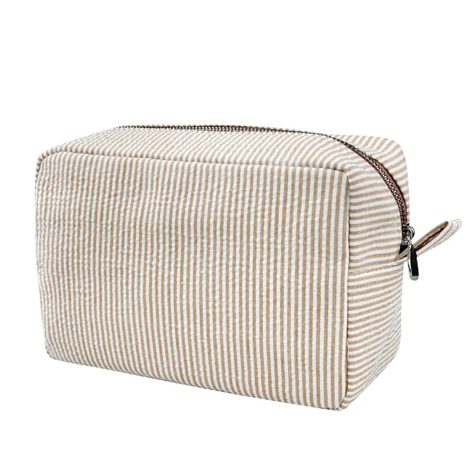 GFU Cosmetic Bags for Women, Seersucker Cosmetic Bag, Travel Toiletry Stripe Makeup Bag, Large Women Aesthetic Organizer Storage Pouch, Girls Handbags Purses, brown