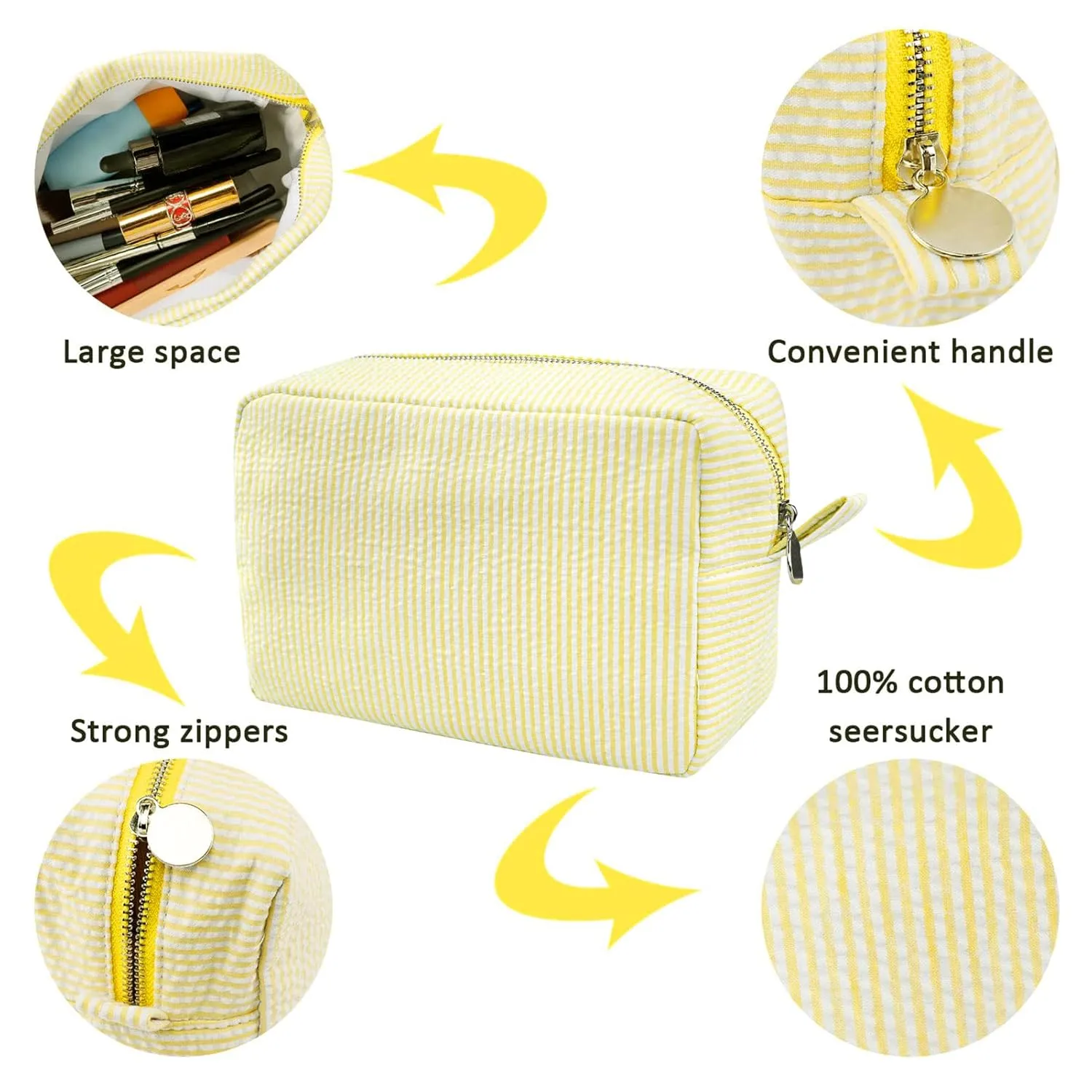 GFU Cosmetic Bags for Women, Seersucker Cosmetic Bag, Travel Toiletry Stripe Makeup Bag, Large Women Aesthetic Organizer Storage Pouch, Girls Handbags Purses, Yellow