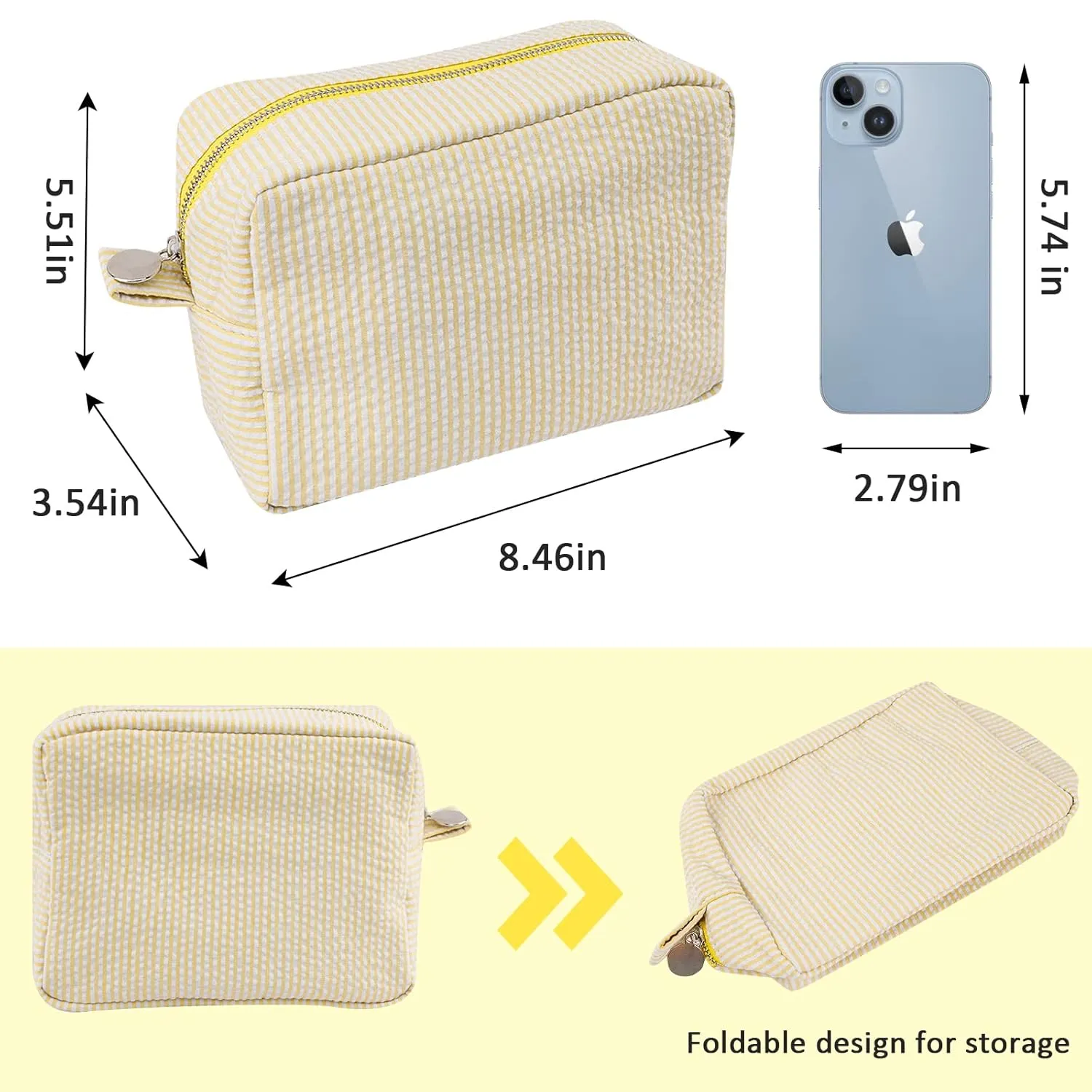 GFU Cosmetic Bags for Women, Seersucker Cosmetic Bag, Travel Toiletry Stripe Makeup Bag, Large Women Aesthetic Organizer Storage Pouch, Girls Handbags Purses, Yellow