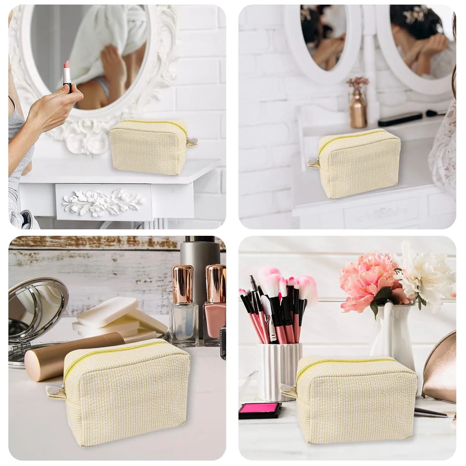 GFU Cosmetic Bags for Women, Seersucker Cosmetic Bag, Travel Toiletry Stripe Makeup Bag, Large Women Aesthetic Organizer Storage Pouch, Girls Handbags Purses, Yellow