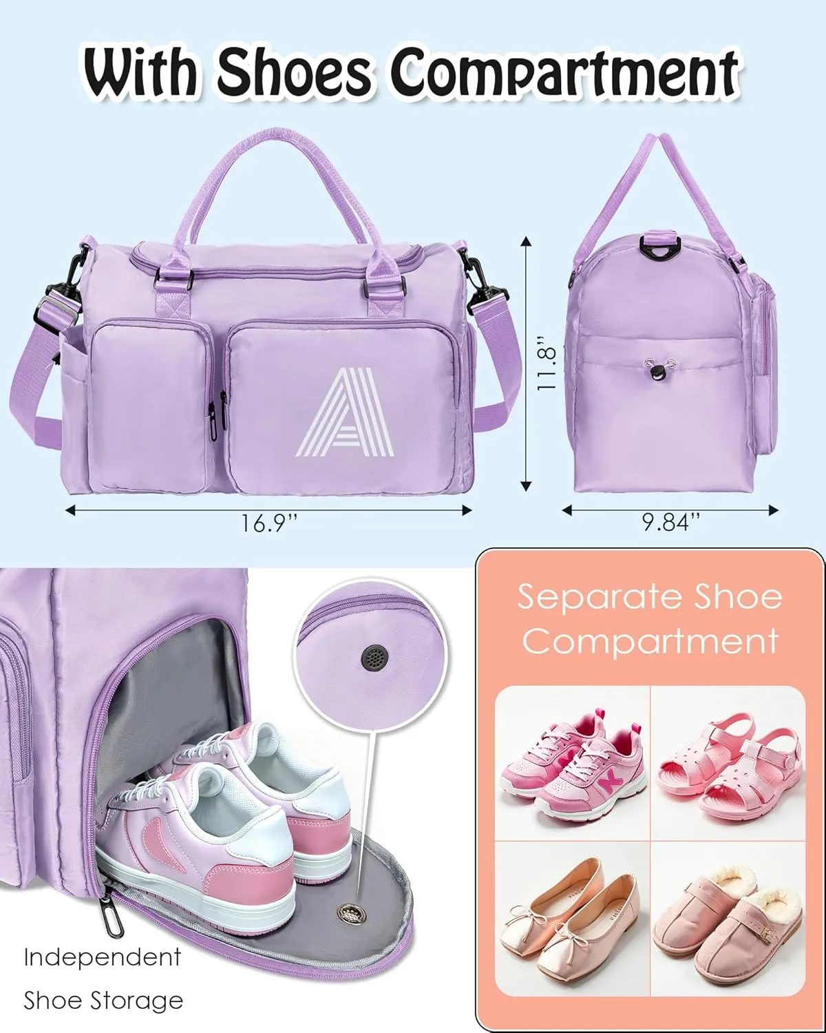 Gifts Teen Girl Gift, Initial Travel Duffel Bag, Duffel Bags, Personalized Weekender bags, Lilac purple-S