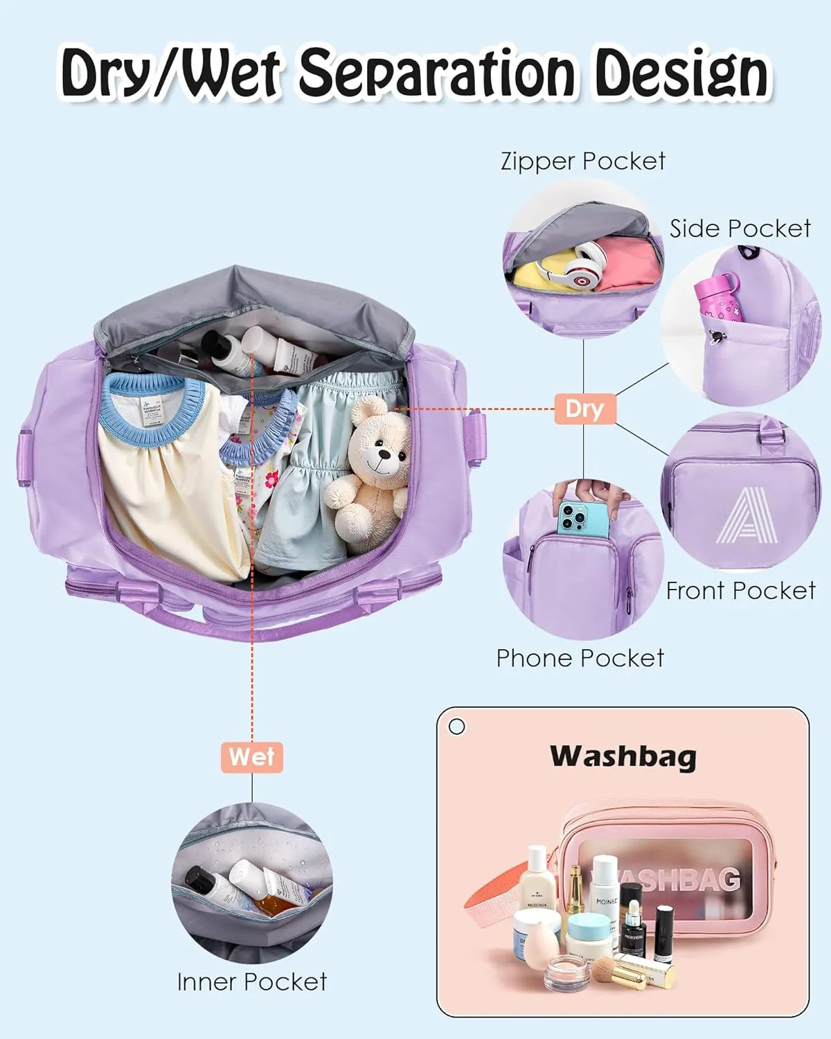 Gifts Teen Girl Gift, Initial Travel Duffel Bag, Duffel Bags, Personalized Weekender bags, Lilac purple-S