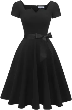 Girstunm Women's Classic Tea Dress Short Sleeve Swing Cocktail Party Dresses with Pockets