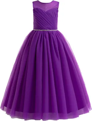 Glamulice Flower Girl Wedding Dress Tulle Long A Line Holiday Birthday Party Ball Gown Girls Formal Pageant Maxi Dresses