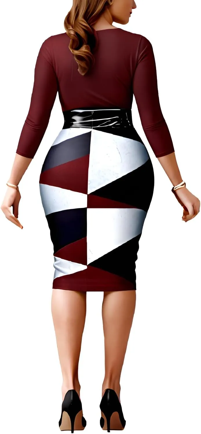 Glozeplus Bodycon Dresses for Women Sexy Pencil Business Work Floral Print Midi Dress Fashion with Belt