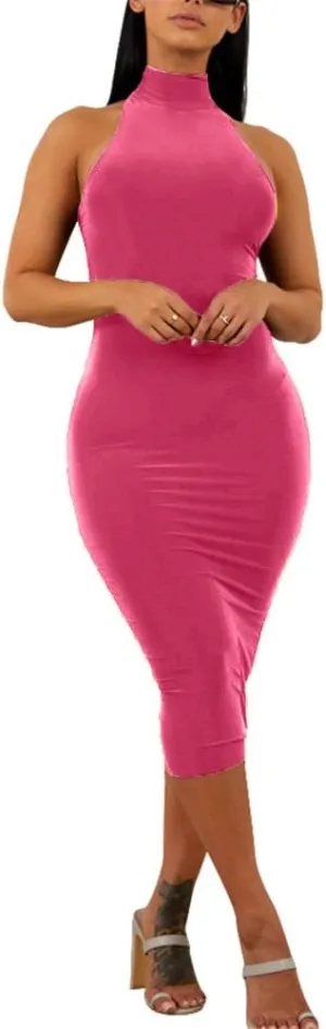 GOBLES Women's Sexy Halter High Neck Elegant Sleeveless Bodycon Midi Club Dress