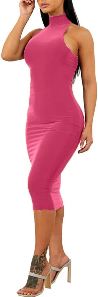 GOBLES Women's Sexy Halter High Neck Elegant Sleeveless Bodycon Midi Club Dress