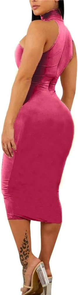 GOBLES Women's Sexy Halter High Neck Elegant Sleeveless Bodycon Midi Club Dress
