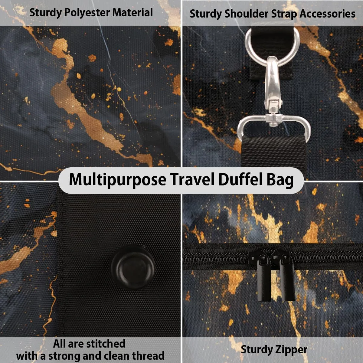 Gold Black Marble Travel Duffle Bag for Women Men Gym Duffel Foldable Bag Waterproof Weekender Modern Abstract Duffle Tote
