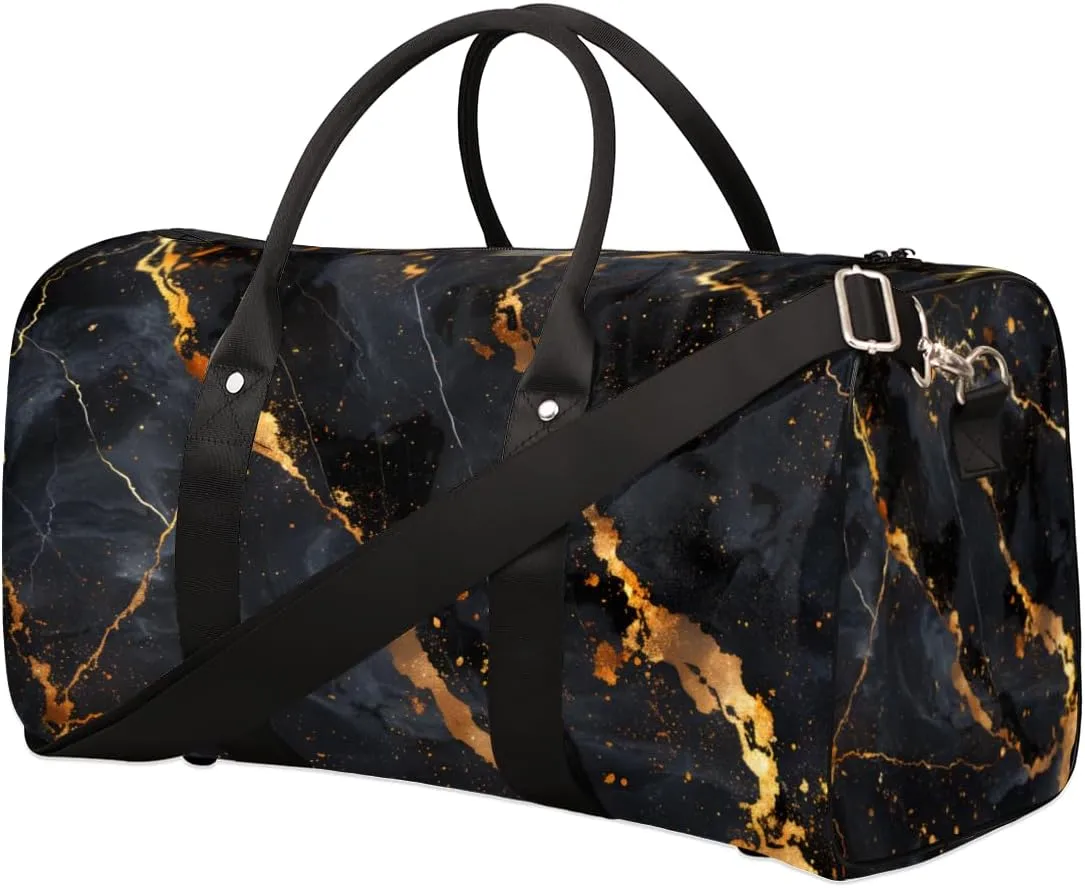 Gold Black Marble Travel Duffle Bag for Women Men Gym Duffel Foldable Bag Waterproof Weekender Modern Abstract Duffle Tote