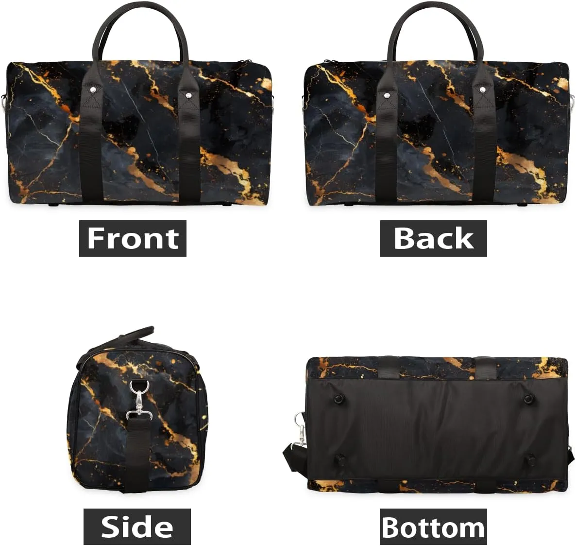 Gold Black Marble Travel Duffle Bag for Women Men Gym Duffel Foldable Bag Waterproof Weekender Modern Abstract Duffle Tote