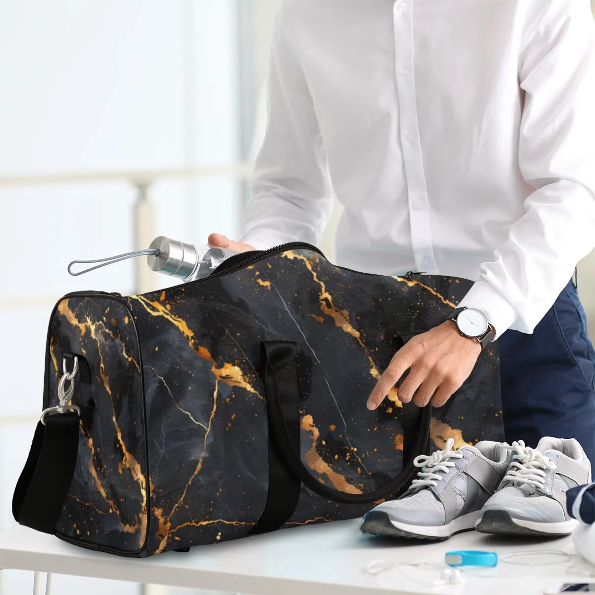 Gold Black Marble Travel Duffle Bag for Women Men Gym Duffel Foldable Bag Waterproof Weekender Modern Abstract Duffle Tote