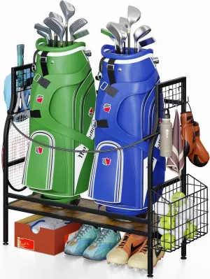 Golf Bag Organizer for Garage Storage, Golf Organizer Storage Rack Fits 2 Golf Bags, Mens Golf Bag Stand for Golf Bag Accessories, Metal & Wood Golf Bag Holder for Home, Club, Cool Golf Gifts for Men