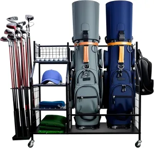 Golf Bag Storage Garage Organizer, Portable Golf Storage Rack Fit for 2 Bag with Lockable Wheels, Golf Bag Stand Fit for Extra Clubs, Balls, Shoes and Golf Equipment Accessories